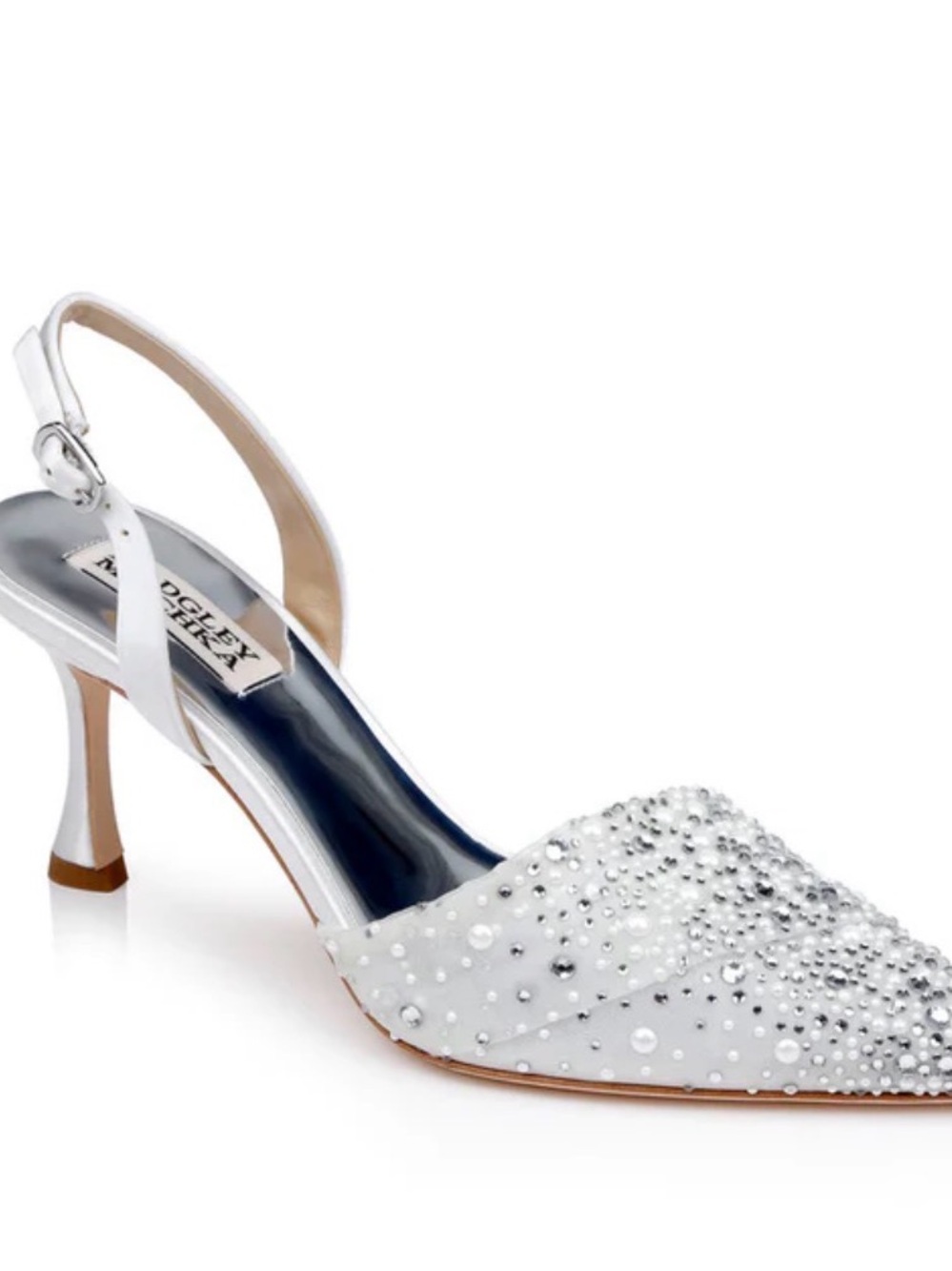 Badgley Mischka White Embellished Slingback Kitten Heel Pumps Brenna heel
